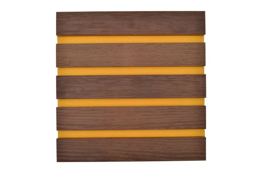 BCL timber slat panel in dark Kebony wood with yellow fabric 