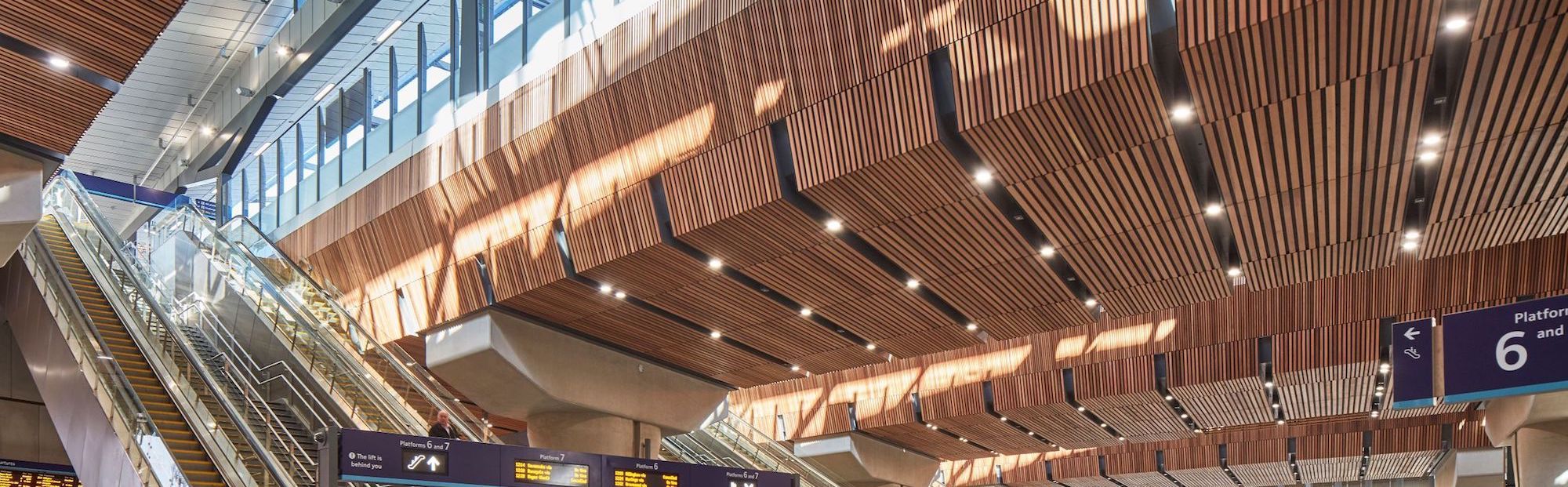 BCL Acoustic Timber Ceilings in Western Red Cedar installed at London Bridge Station concourse area