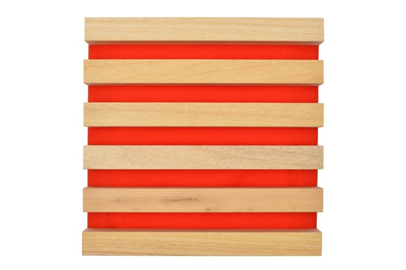 BCL wood slat panel in Ayous with red fabric 